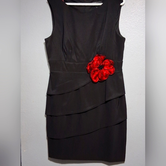 Black Sleeveless Asymmetrical Dress with Red Floral Accent Size16 - Picture 1 of 13